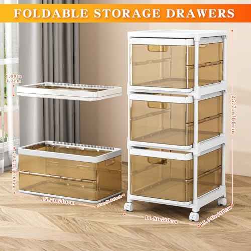 3 Drawer Storage Organzier - Plastic Drawer Stroage, Stackable Storage Drawers, Storage Bins with Wheels, Foldable Drawer Organizer, 20 Quart/Bin, Total 60 Qurat