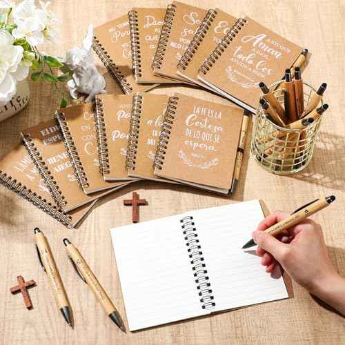 72 Pcs Christian Gifts Bulk Spanish Religious Spiral Prayer Journal Notebooks Bible Verse Bamboo Pens Inspirational Religious Gift Sets Women Men Church Party Favors