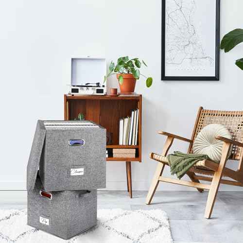 Vinyl Record Storage Box Set of 2 - for 100+ Single LPs (12-Inch), Stackable Albums Linen Crate with Lid, Play Music Collection Holder, Document File Folder Cabinet Organizer Case with Handle