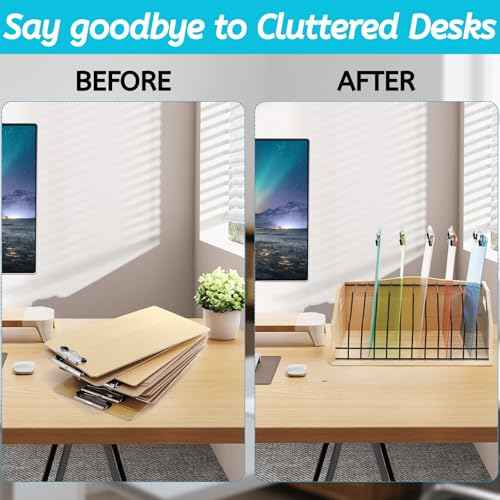 Youeon Vertical Clipboard Holder, 12 Slots Wood and Metal Clipboard Storage Rack, Desk File Organizer with Side Panel for Home, Office, School, No Assembly Required