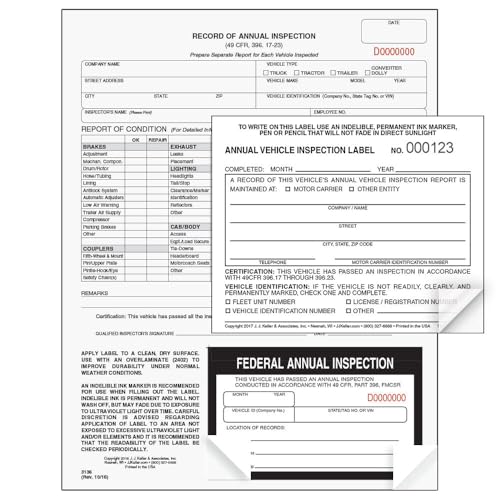 J. J. Keller 10-Pack Annual Inspection Forms with Labels – DOT Compliant