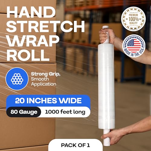 IDL Packaging 20" x 1000' Hand Stretch Wrap Roll of 80 Gauge with Extended Cardboard Handles (1 Roll) - Extra Sticky Clear Plastic Wrap Film - Pallet Wrap Stretch Film for Packing, Shipping & Moving