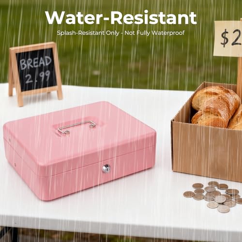 Crinwaki Pink Cash Box with Money Tray and Key Lock – Large Pink Cash Drawer Safe