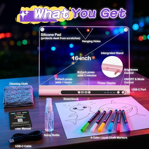 Pink 16-Inch Rechargeable LED Drawing Board for Kids with 9 Colors & Markers