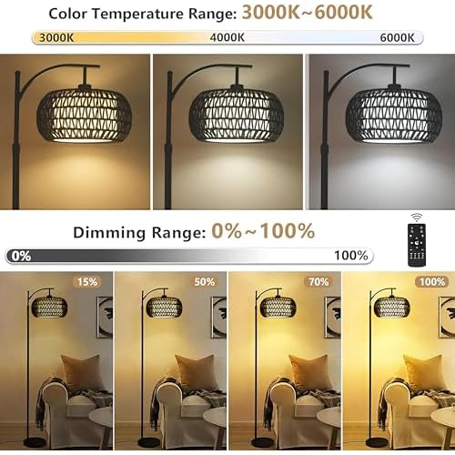 Arc Floor Lamp with 3 Color Temperatures,Black Floor Lamp with Remote Control, Boho Standing Lamp with Rattan Wicker Shades, Farmhouse Tall Pole Lamp for Living Room Bedroom