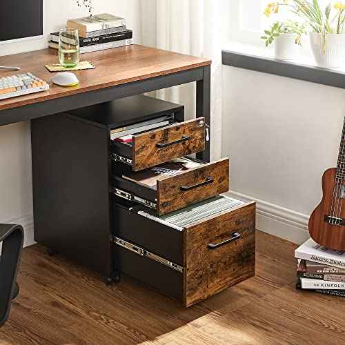 SONGMICS File Cabinet, Pre-Assembled Except Wheels and Handles, Office Filing Cabinet with Lock, for A4, Legal, Letter Sized Documents, 17.7 x 14.4 x 23.6 Inches, Rustic Brown and Black UOFC110B01V1