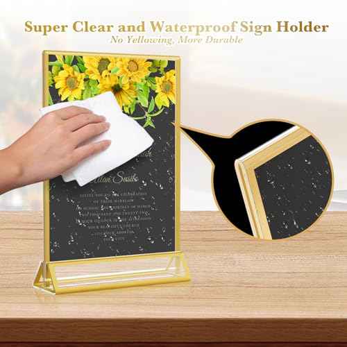 Acrylic Gold Sign Holders 5x7, 12 Pack Wedding Gold Table Number Holders, Double Sided Photo Display Picture Frame Paper Stand, Clear Flyer Stand Menu Holder for Wedding, Home, Party, Restaurant