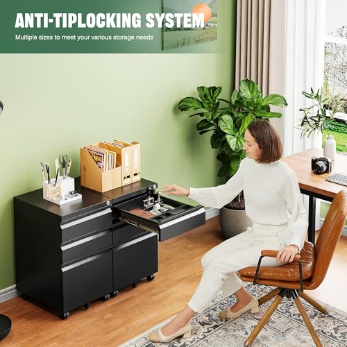 Letaya 3-Drawer Mobile Metal File Cabinet 14.57x17.32x24.40in Black Locking Under Desk Organizer