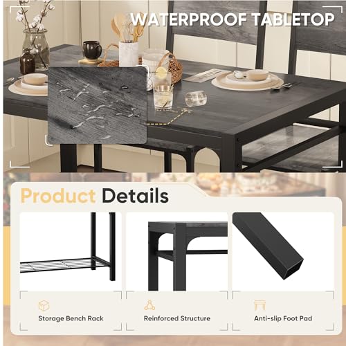Shahoo Kitchen Table and 2 Chairs for 4 with Bench, 4 Piece Dining Sets for Small Space, Grey Wash