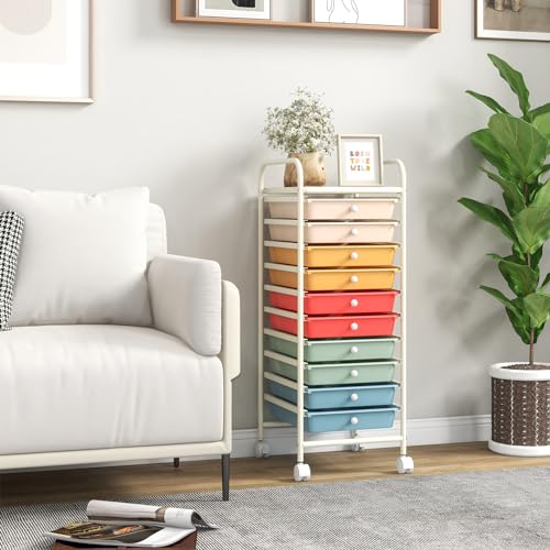 10 Drawer Storage Cart, Rolling Cart with Lockable Wheels, Trolley Utility Cart with Removable Drawers, Mobile Organizer with Handle for Living Room Kitchen Home Office (Macaron)