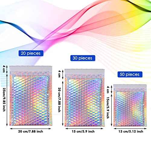 100 Pack Metallic Bubble Mailers 3 Sizes Holographic Padded Bubble Rainbow Poly Bubble Mailers Foil Bubble Padded Envelopes Adhesive Seal Closure Envelopes Shipping Bags for Mailing Packing