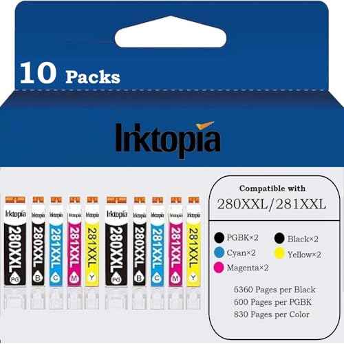 10 Pack 280 281 Ink Cartridge Replacement for PGI 280XXL CLI 281XXL Ink Cartridges (PGBK Black Cyan Magenta Yellow) for TR8620a TR8520 TR8620 TR8600 TR7520 TS6120 TS6220 TS9120 TS6320 Printer