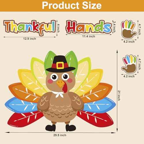 OUNENO Thanksgiving Thankful Hands Turkey Bulletin Board Decoration Big Turkey Handprint Cutouts for Thanksgiving Kindergarten Preschool School Classroom Wall Door (Thanksgiving)