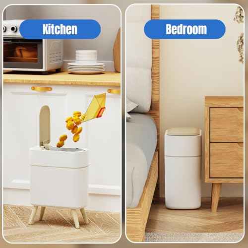 Yatmung Motion Sensor Bathroom Trash Can with Lid 2.5 Gal Smart Trash Bin - Waste Basket for Bedroom, Office, Living Room - Slim Bathroom Garbage Can Automatic Touchless - White with Wooden Legs
