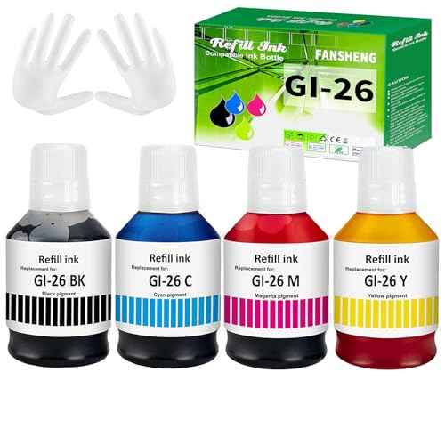 GI-26 Printer Ink for Canon GI26 Ink Refill Bottles Kit, Compatible with Canon PIXMA GX7021 GX7020 GX6020 GX5020 GX4020 GX6021 Inkjet Printer 135ml Black + 70ml C/M/Y Printer Ink (4-Pack)