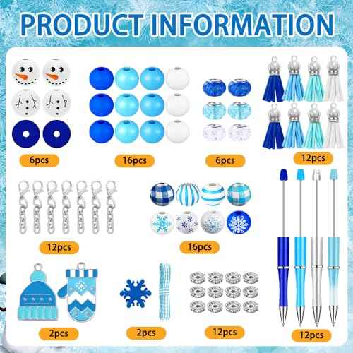 12 Set Christmas Beadable Pens Plastic Bead Pens Winter Snowman Blue Bulk Ballpoint DIY Crafting Pens Making Kit with Pendants Lobster Clasps for Students Teens School Office Supplies
