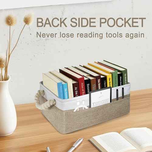 Book Lovers Gifts TBR Book Storage Basket with Back Side Pocket to Be Read List Storage Bin Reading Accessories for Club Members & Librarians Bookish Gifts (White and Brown)
