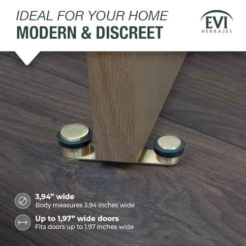 EVI Door Stoppers | Brass Door Holder for Bottom of Door - Adhesive and Screw Fastening - Protector Rubber - 1.97 Inch Wide Doors