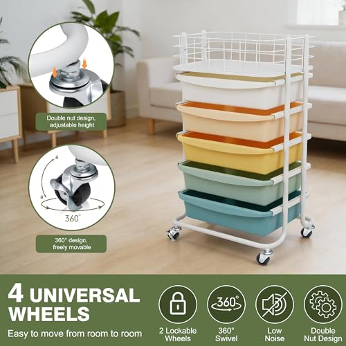 Rolling Storage Cart with 5 Drawers and Steel Top, Mobile Utility Organizer