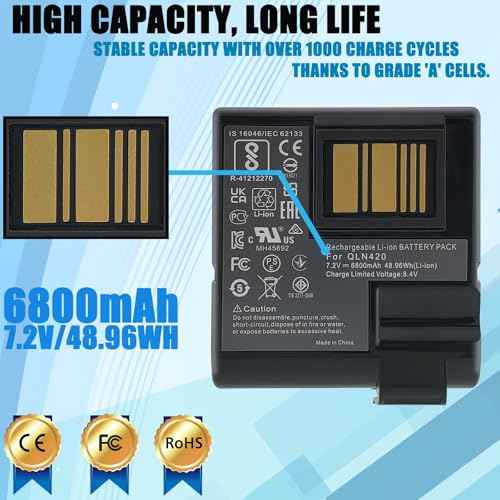 QLN420 Battery Compatible with Zebra ZQ630 ZQ63-AUWA000-00 ZQ63-ACFAC10-00 P1040687 P1089760-002 P1050667-016 BTRY-MPP-68MA1-01 P1049729 Printer 48.96WH 7.2V