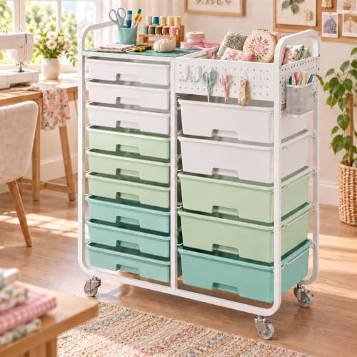 APEXCHASER 14-Drawer Rolling Storage Cart with Tabletop & Pegboard – Green