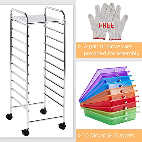 Yaheetech 10-Drawer Rolling Storage Cart Multicolor - Slim Organizer with Lockable Wheels