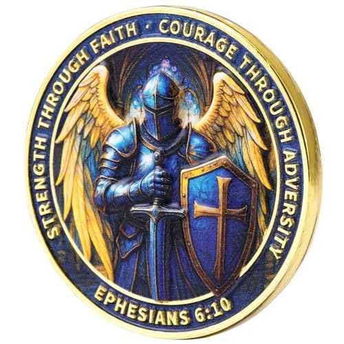 Christian Knight Challenge Coin Faith, Courage & Strength Armor of God Ephesians 6:10 Guardian Angel Warrior Shield and Sword Coin for Men and Women (Angel Knight-5 PCS)