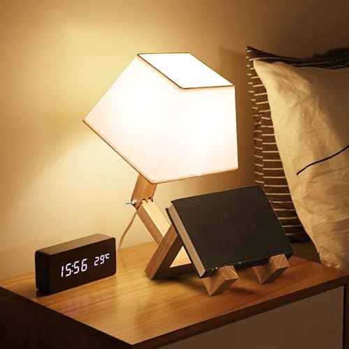 ELINKUME Cute Robot Desk Lamp,Unique Dimmable Bedside Table Lamps for Bedroom,Square Lampshade Night Light with Foldable Wood Body,Fun Kids Lamp,Nightstand lamp for Study,Office,Living Room Decor
