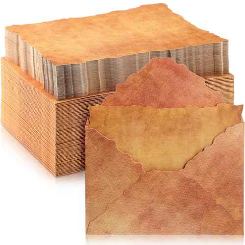 Seajan 100 Sets Antiqued Envelope with Deckle Edge Blank Paper 200 GSM Thick Vintage Envelopes Antique Paper Cotton Watercolor Paper Sheets for Writing Invitations Announcements Crafts (5 x 7 Inch)