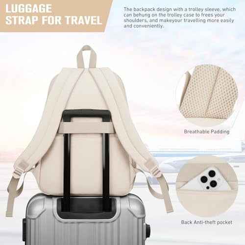 Backpack for Teen Girls Large Middle-School Primary Elementary Students Bookbag 18.5 inch Laptop Bag for Women Lightweight Casual Daypack (Beige)