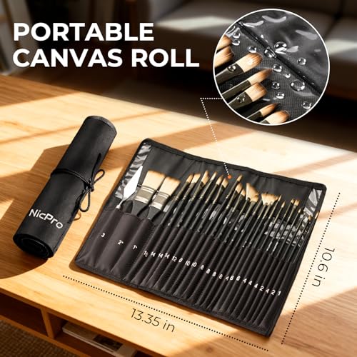 Nicpro 26pcs Paint Brush Set, Professional Paintbrushes with Palette Knife, Craft Paint Brushes for Acrylic Painting, Oil, Watercolor, Gouache & Canvas, Drawing & Art Supplies for Adults, Kids Artists