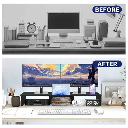 TV Riser Stand with LED Lights, 42.5in Super Large Monitor Stand with Phone Tablet Holder, Tabletop TV Stand Riser for Desk, Desktop Organizer for Computer, TV, Laptop, Printer