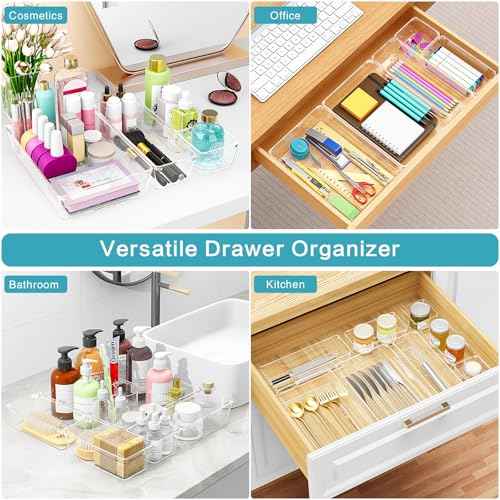 Drawer Organizers Set of 12, 4 Sizes Clear Plastic Drawer Organizers and Storage Bins for Kitchen, Bathroom, Office, Dresser Desk Drawer Organizer Tray for Jewelry, Makeup, Junk, Gadgets