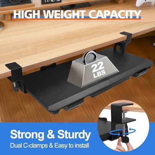 Large Keyboard Tray Under Desk Slide Out with Sturdy C-Clamp Mount and Storage Drawer, 27" (31" Including Clamps) x 12" Ergonomic Keyboard Trays for Home and Office, Black