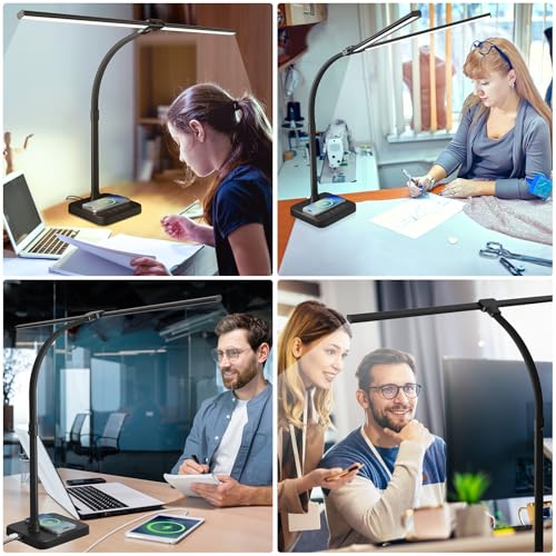 ShineTech LED Desk Lamp for Home Office, 24W Double Head Desk Light with Wireless Charging, USB Port, Adjustable Gooseneck Lamps, 5000K Daylight White