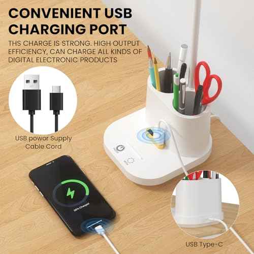 Desk Lamp with USB Charging Port & Pen Holder, LED Desk Light for Home Office, Touch Dimmable, Ideal for Study, Reading, and Work (White)