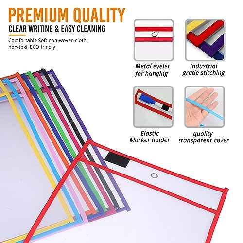 Dry Erase Pockets 50 Pack - 10 x 13 Reusable Dry Erase Pocket Sleeves for Work & School Worksheets - Heavy Duty Clear Pocket Sleeves - Quickly Wipe to a Flawless Clean (Multicolor)