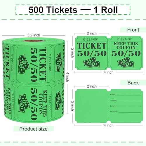 ESSENTIAL 500 Double Roll Raffle Tickets, 50/50 Raffle Cards, Entry Form with Name, Address, Phone & Email for Events, Entry, Class Reward & Door Prize - 5 Color Selection (Green)
