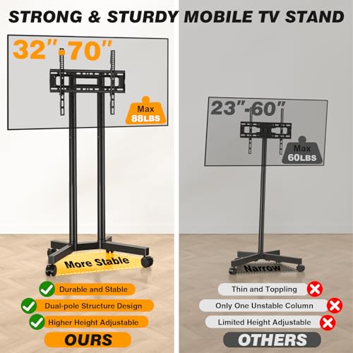 5Rcom Dual-Pole Rolling TV Stand for 32-75 inch LCD LED Flat & Curved TVs, Height Adjustable Portable TV Stand with Lockable Wheels, Mobile TV Cart up to 88lbs for Bedroom, Living Room, Outdoor