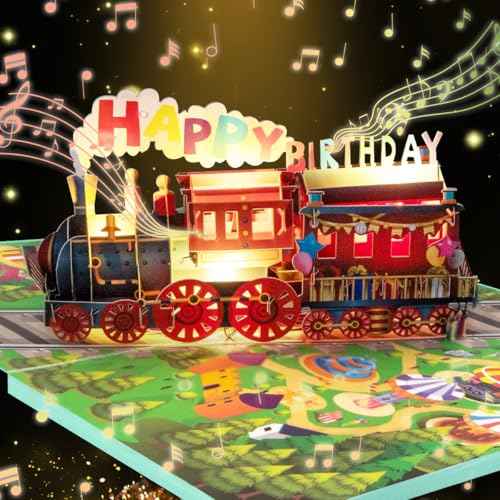 Musical Train Birthday Cards, 3D Lights and Music Happy Birthday Card, Pop Up Birthday Card, Funny Train Birthday Gift, for Son Daughter Boys Girls Nephews Nieces Kids Friends.