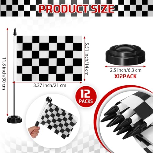 Mindsoft 12 Pcs Checkered Racing Flags on 12-Inch Poles for Desk & Event Decor