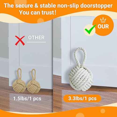 3 Pcs Decorative Door Stop Rope Knot, Nautical Large Heavy Stopper for Bedroom, Living Room Door, Window Wedge, Bookend 5.9 inch (Ivory)