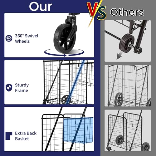 Folding Shopping Cart with Waterproof Liner, Grocery Cart Large Bag with Top Cover, 200 Lb Capacity, Utility Cart with 360¡Æ Rolling Swivel Wheels, Medium & Extra Basket