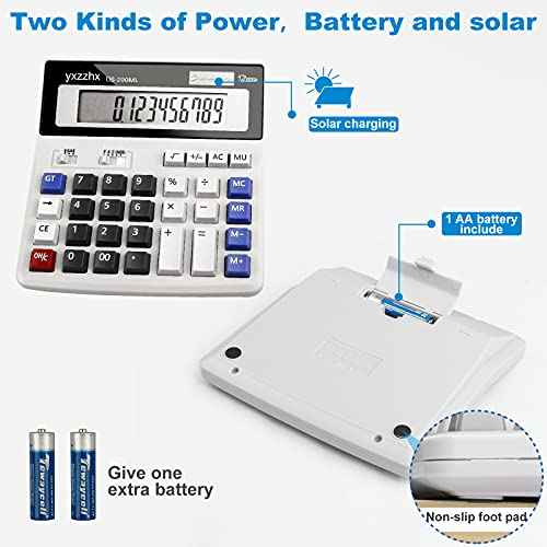 Desk Calculator 12 Digit Extra Large 4.3-Inch LCD Display, Two Way Power Battery and Solar Calculators Desktop, Big Buttons Easy to Press Used as Office Calculators for Desk White
