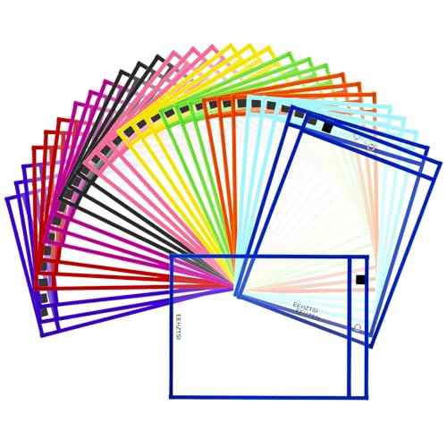 30 Packs Dry Erase Pocket Sleeves, Reusable Clear Plastic Classroom Pocket, 10x14 Inch Ticket Holders, Plastic Sleeves for School/Office Organization