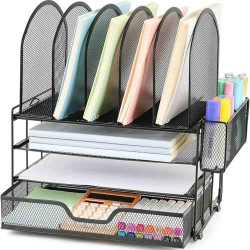 Desk Organizers and Accessories with Drawer, File Organizer with 5 Vertical File Holders and Pen Holders, Office Desk Accessories Workspace Desktop Organizers for Office Supplies (Black)