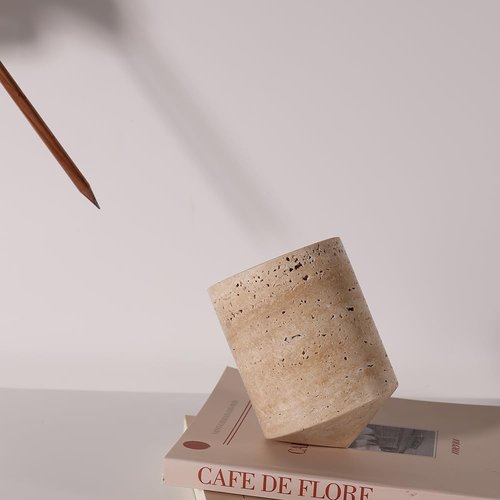 JIMEI True Natural Travertine Marble Rotating Revolver Pen Holder Stand for Desk - Free Spinning Executive Pencil Holder - Cool Gadgets For Desktop Organizer, Birthday Gifts for Men & Women
