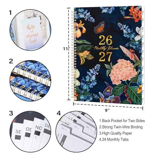 2026-2027 Monthly Planner/Calendar - Monthly Calendar 2026-2027, January 2026 - December 2027, 9" x 11", 2 Years monthly Planner with Tabs, Contacts + Back Pocket + Twin-wire Binding - Floral