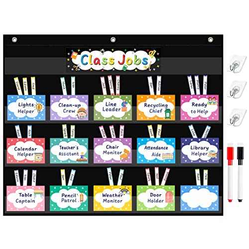 REGELETO Class Jobs Pocket Chart with 70 Colorful Dry Erase Cards and 3 Hooks,Class Management Educational Pocket Chart Teacher's Helper Size: 24.5¡±x21.8¡±inch Bulletin Board for Classroom (Black)