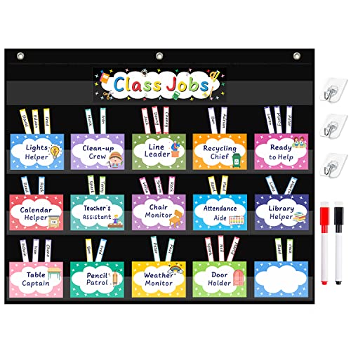 REGELETO 16-Pocket Classroom Jobs Pocket Chart with 70 Colorful Cards & Hooks, 24.5x21.8 Inch Black Bulletin Board